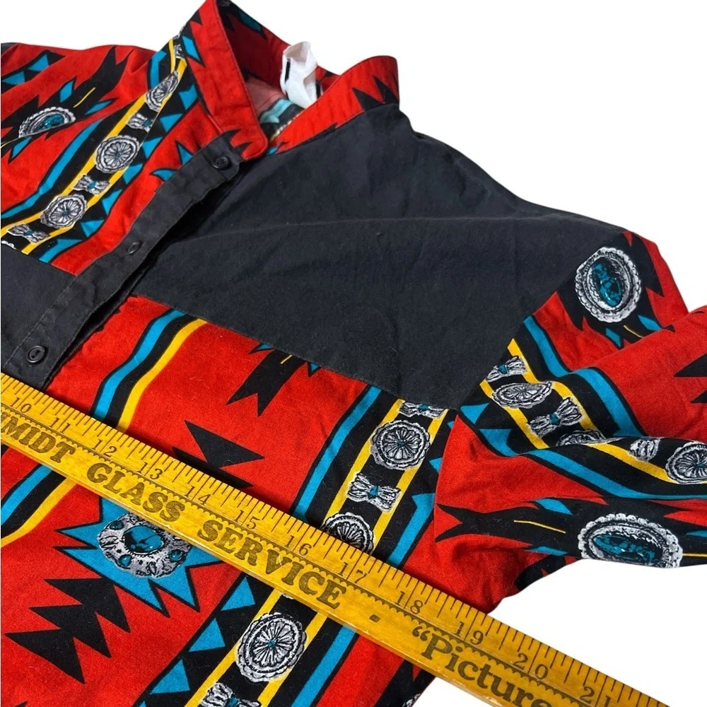 Vintage 90s Southwestern Western Shirt Red Black Turquoise Rodeo Size 10
